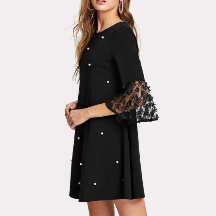 Women Casual Patchwork Tulle Polka Dot Crew Neck Loose A-line Dress