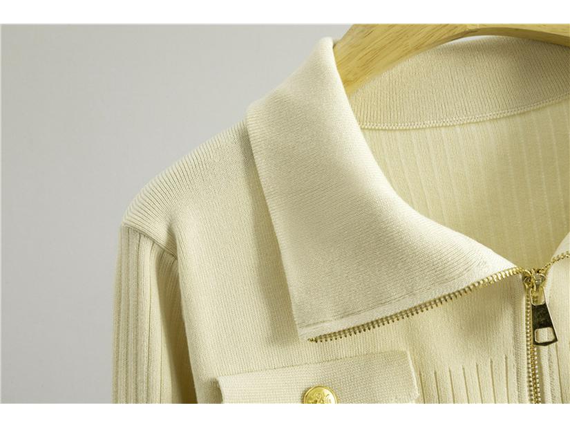 Women's Polo Collar Zipper Cardigan & Knit Skirt Two-Piece Set - Spring/Autumn Fashion.