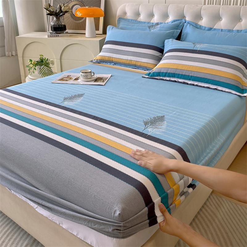 Classic Floral Pattern Fitted Sheet Set 100% Cotton Thickened Fitted Sheet Soft Skin-friendly Mattress Cover with 2 Pillowcases