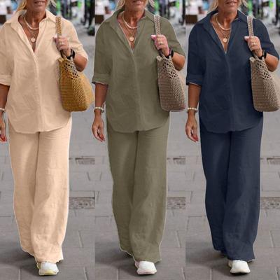Women's Two-piece Lapel Long Sleeved Shirt Casual Solid Color Pants Wide Leg Set