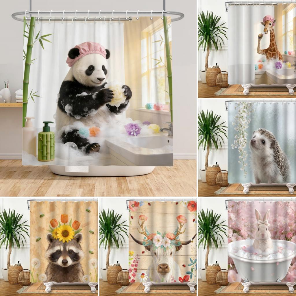 Cute Animal Theme Waterproof Shower Curtain Adorable Animals Bathroom Decor with Hooks For Bathtub Bathroom Screens Home Decor