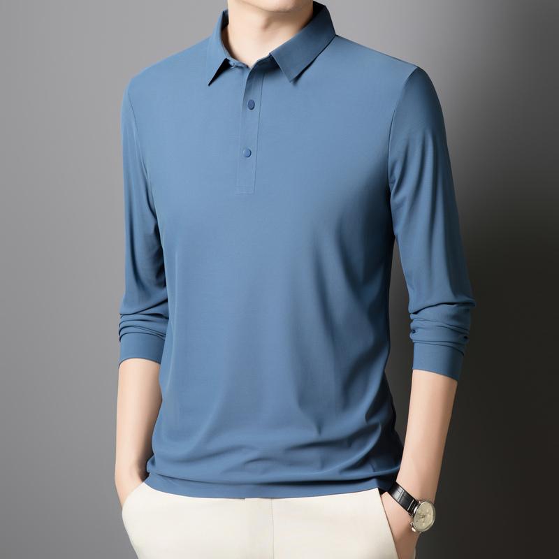 Solid Color Lapel Ice Silk Polo Shirt Long Sleeve Men's Spring and Autumn Traceless Business Casual Quick-drying Long Sleeve Top