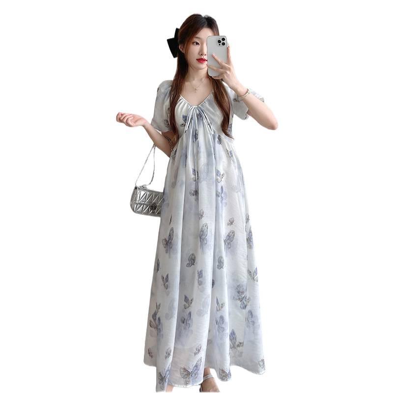 2026 Summer Floral Print Waist-Cinched Long Maternity Dress