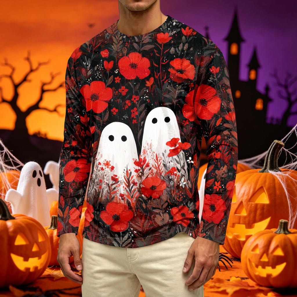 Men's Casual Long Sleeve T Shirt Crew Neck Halloween Pumpkin Print Lightweight Comfortable Fit Top for Everyday Wear