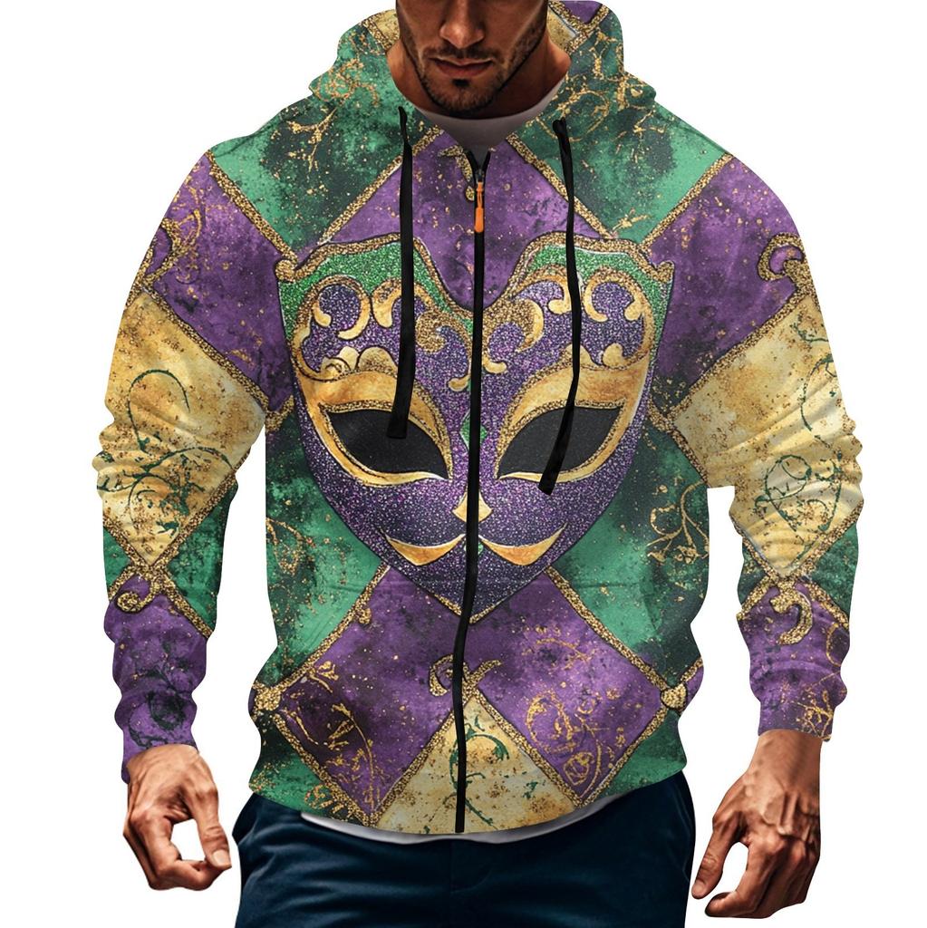 Men's Sports Casual Fleece Hoodie Carnival Print Hoodie Cardigan Zipper Multi-pocket Hoodie Coat