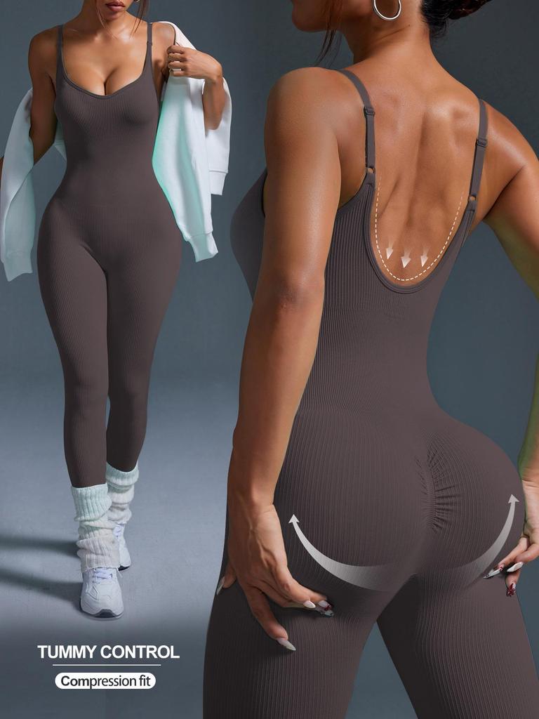 Women's Backless Seamless Ribbed Jumpsuit: Slimming Tank Bodysuit for Yoga