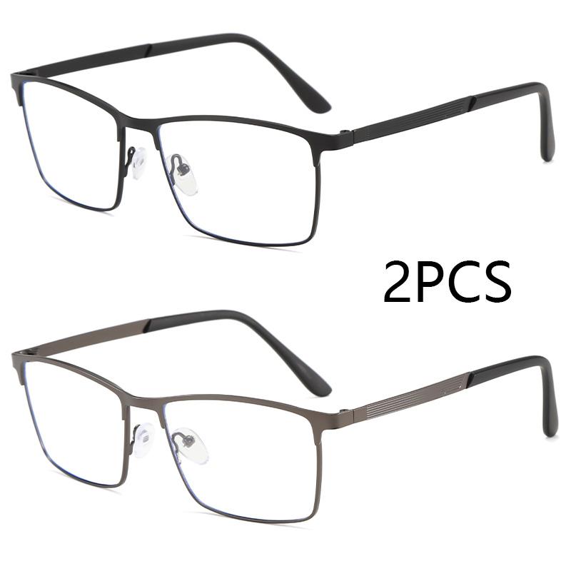 

2Pcs Men Square Metal Large Frame Spring Leg Elderly Near Sight Eyewear Blue Light Blocking Eye Protection Eyeglasses