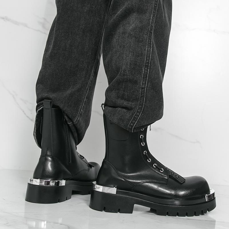 Men Motorcycle Black Thick Sole Height Increase High Boots Street Style Cool Elevator Punk Boots Large Size