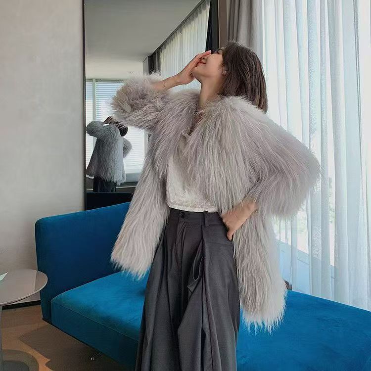 Fashion new imitation raccoon fur woven fur coat women's medium and long fur coat autumn and winter light
