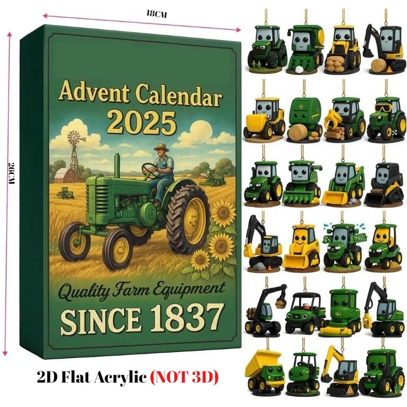 John Deere Advent Calendar 2025, 2D Flat Acrylic Farm Equipment Collection with 24 Tractor Ornaments, Vintage Design Toy for Kids Xmas Birthday Gift