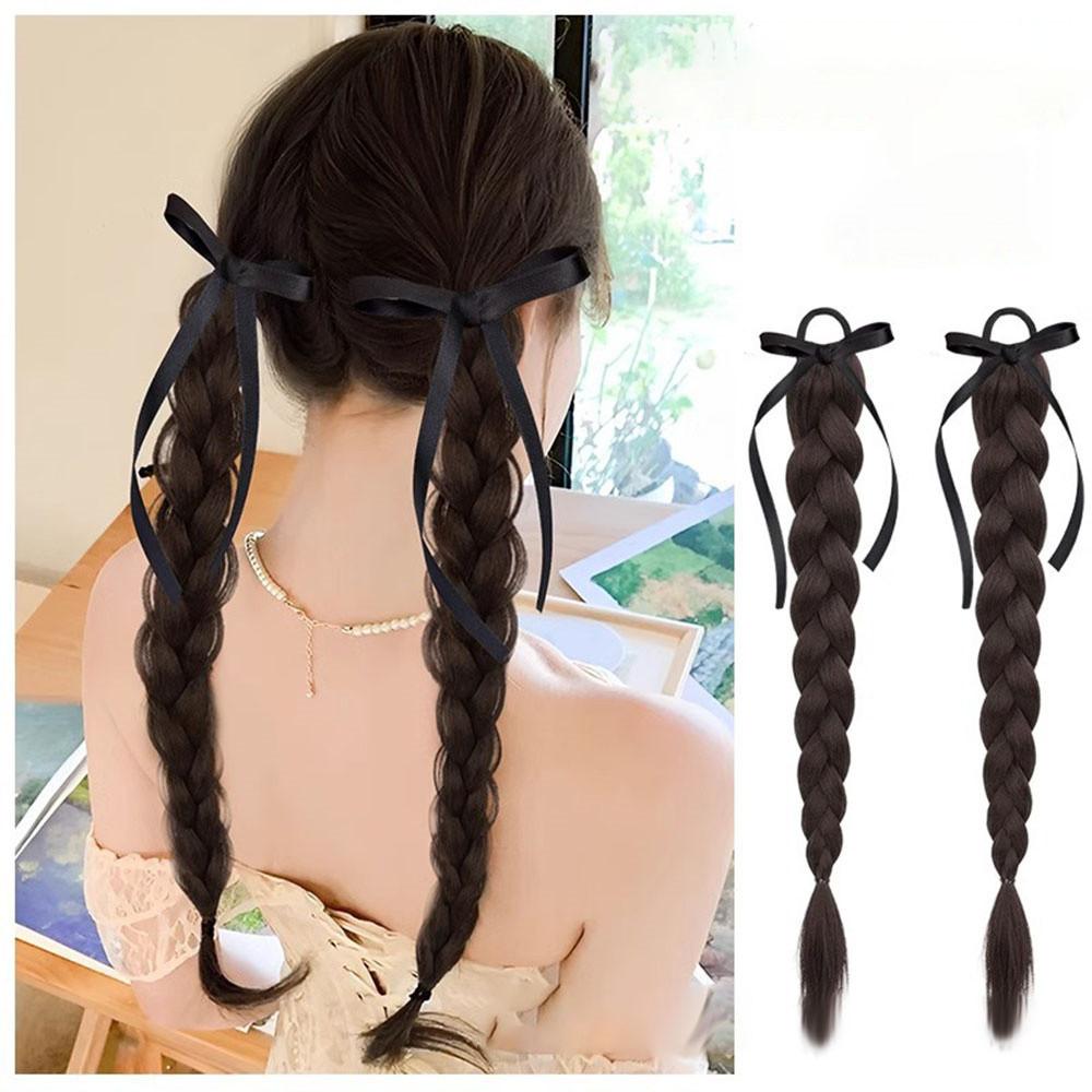 Synthetic  2PC children Simulation boxing braid double ponytail wig Girls ribbon bowknot Twist Braids Wigs Extension 50cm