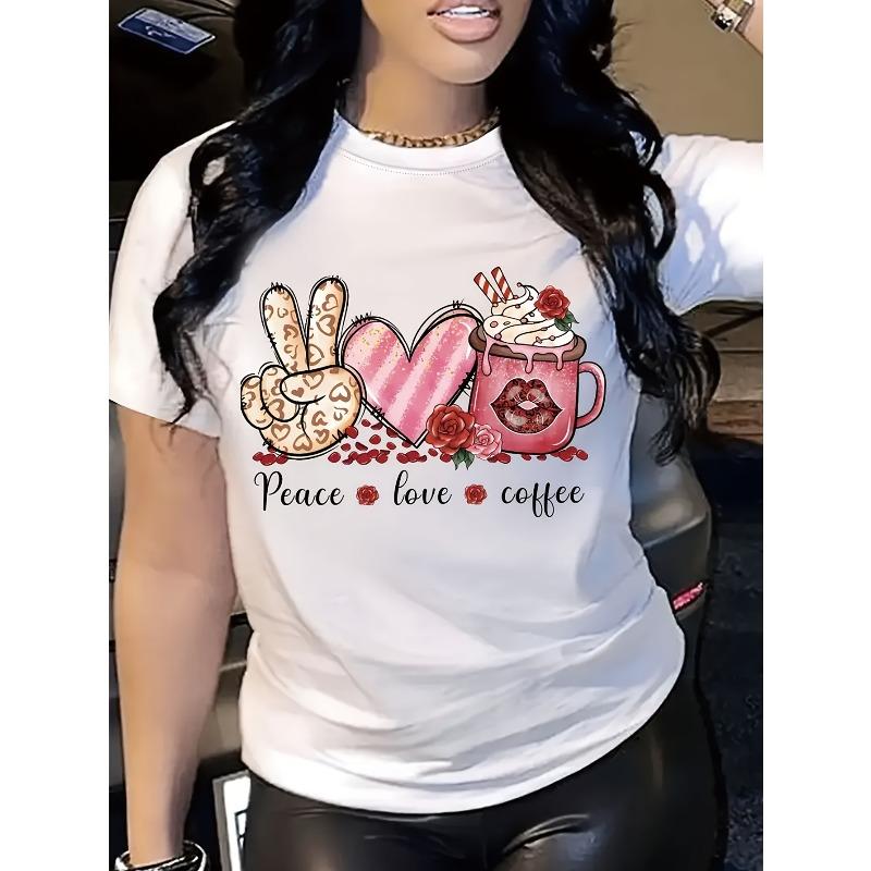 

Женская повседневная футболка европейского размера A с круглым вырезом, с принтом «Мир, Любовь и Кофе», изготовлена из дышащей полиэстеровой трикотажной ткани S белый