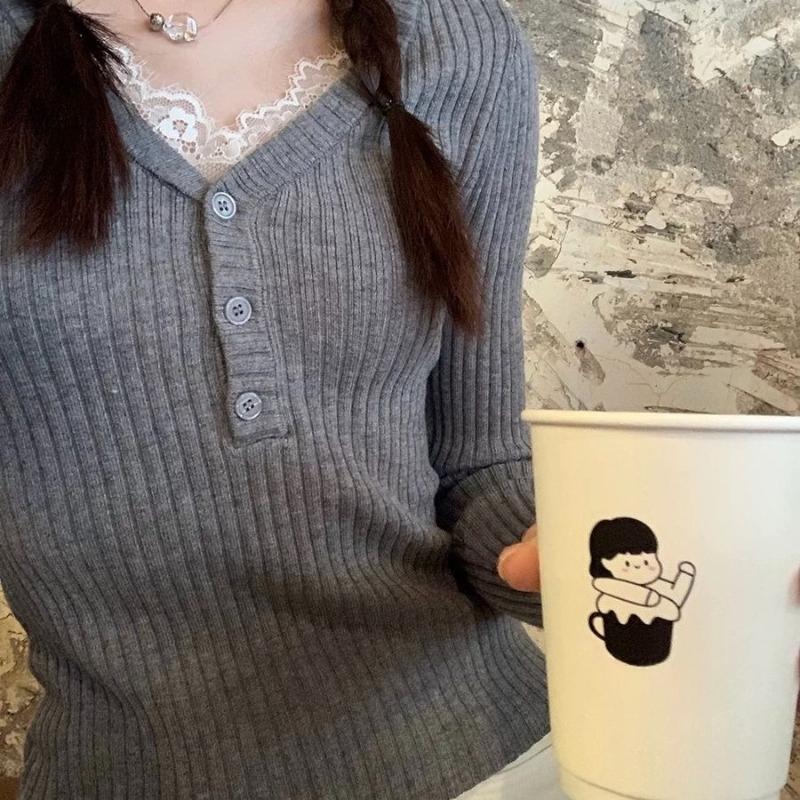 Ein reines Spitzen-V-Ausschnitt Strick-Baselayer für Damen Herbst, Langarmpullover, Kombiniert mit einem figurbetonten Oberteil