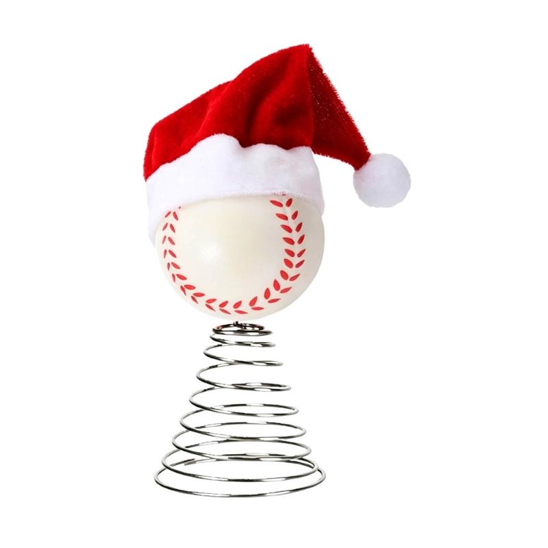Sports Ball Christmas Tree Top Ornament, Spring Mounted Santa Hat Style for Indoor Holiday Party Tabletop Shelf Display