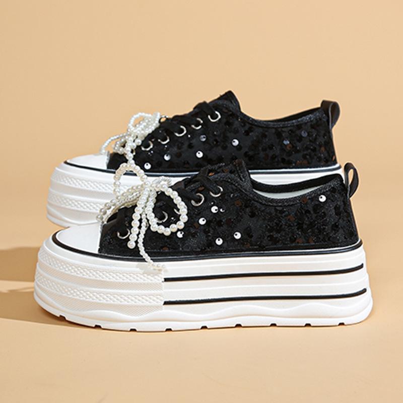 

Весна 2025 новые туфли на платформе с бантом из пайеток и жемчуга, повседневная обувь, кеды, белые туфли, женская обувь 40 чёрный