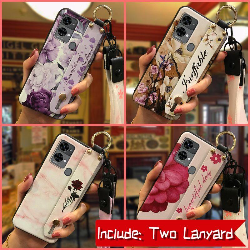 Ring Dirt-resistant Phone Case For Oukitel C33 Fashion Design Wrist Strap Lanyard Phone Holder Kickstand Silicone Flower
