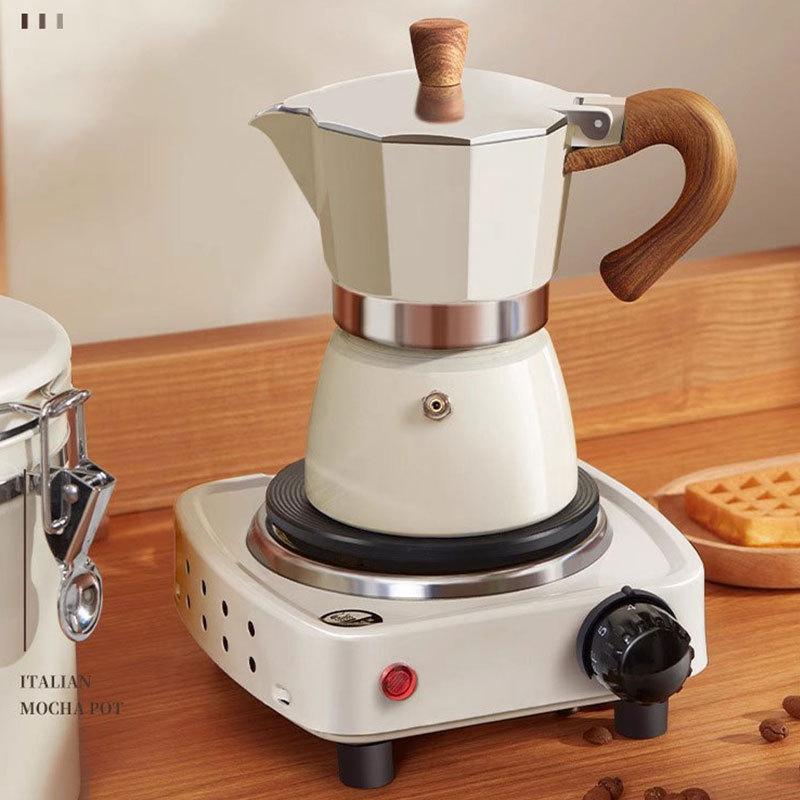 150/300ml Moka Pot Food Grade Aluminium Alloy Wooden Handle Mocha Pot Household Italian Espresso Coffee Maker Coffee Accessories
