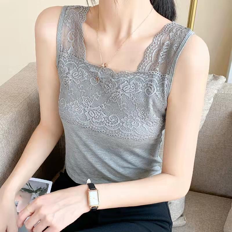 Camisole en coton modal grande taille pour femme, chemises d'été à manches courtes, couleur unie, slim, en dentelle, hauts