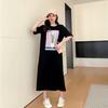 Summer Korean Short-sleeved Extended T-shirt Skirt Women's Knee-length Skirt Thin Loose Large Size Fat Mm Printed Dress