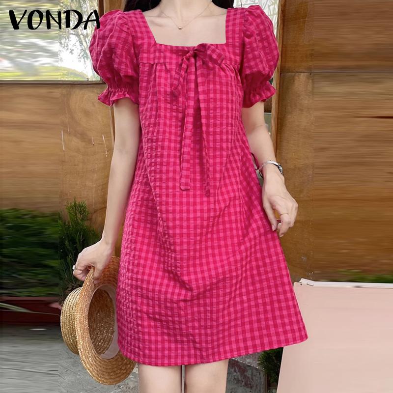 

VONDA женские летние свободные короткие платья с квадратным вырезом и короткими рукавами в клетку с рюшами и галстуком S розовый