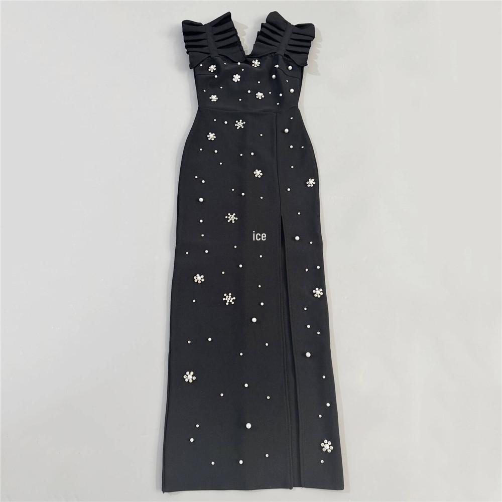 European & American Style Pleated Lace Rhinestone Sleeveless Evening Gown L чёрный