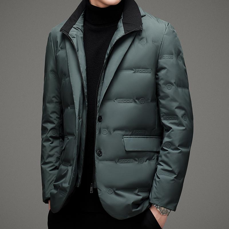 High-End Quality 90% Grey Duck Down Scarf Collar Fake Two-Piece Suit Jacket Winter Business Casual Fashion Puffer Doudoune Homme