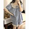 Internet Celebrities New Blue Bow Pajamas Women's Summer Short-sleeved Shorts Lace Suit Can Be Worn Outside Loungewear
