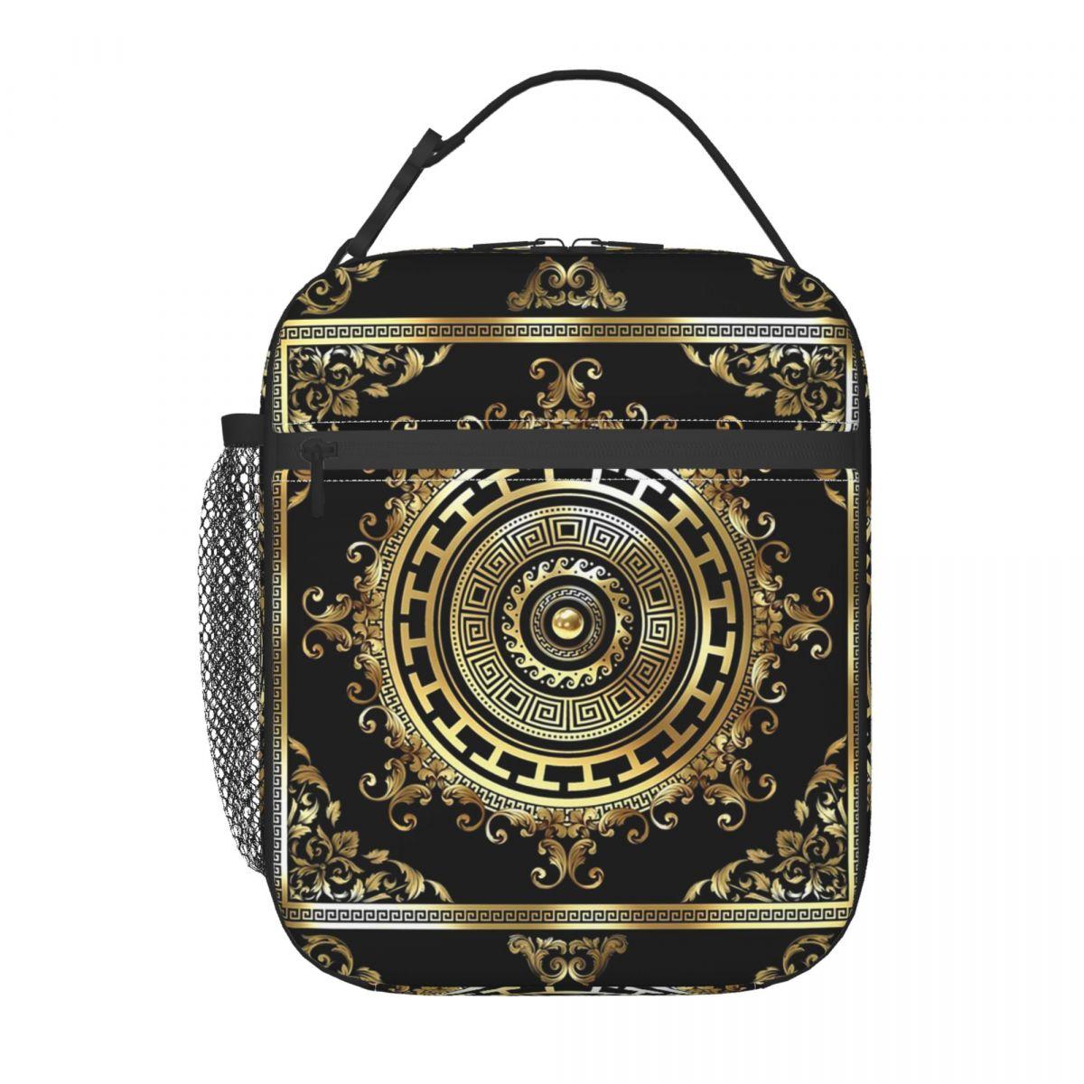 Griekse Sleutel Zwart Goud Medaillon Meander Barok Geïsoleerde Lunchtas voor Vrouwen Kinderen Lekvrije Voedseldozen Thermische Lunchbox Draagtas One Size