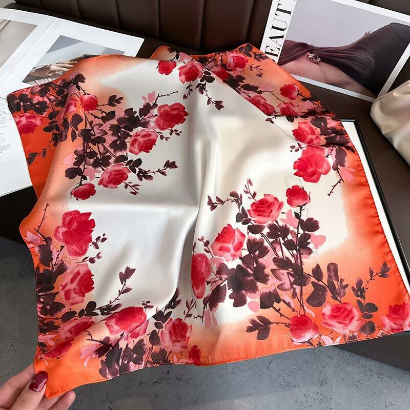 68cm Purple Rose Printed Scarf Women' New Spring Summer Imitation Silk Scarf High-end Versatile Shawl Sun Protection Headscarf
