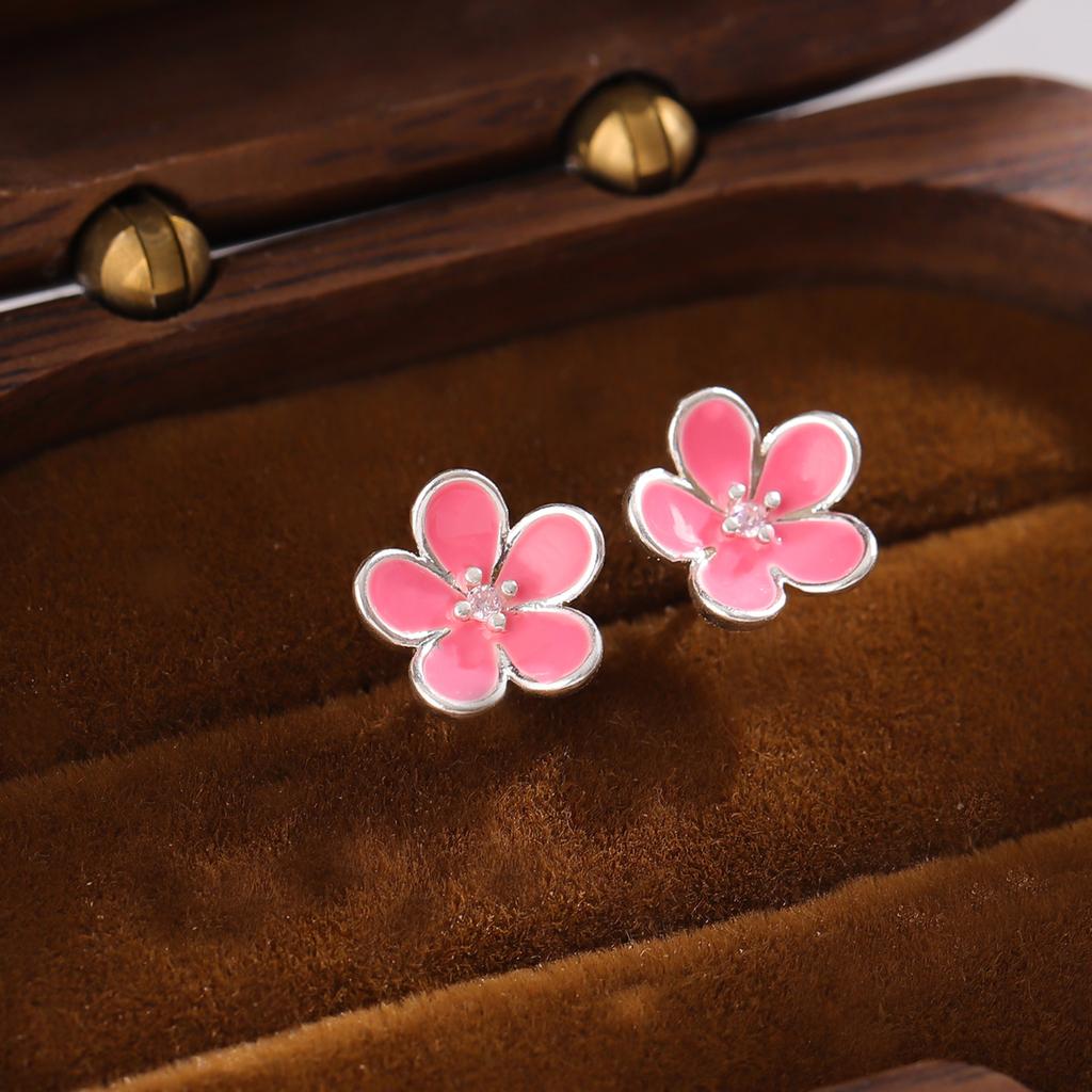 Cute Literary Flower 925 Sterling Silver Pink Epoxy Crystal Stud Earrings