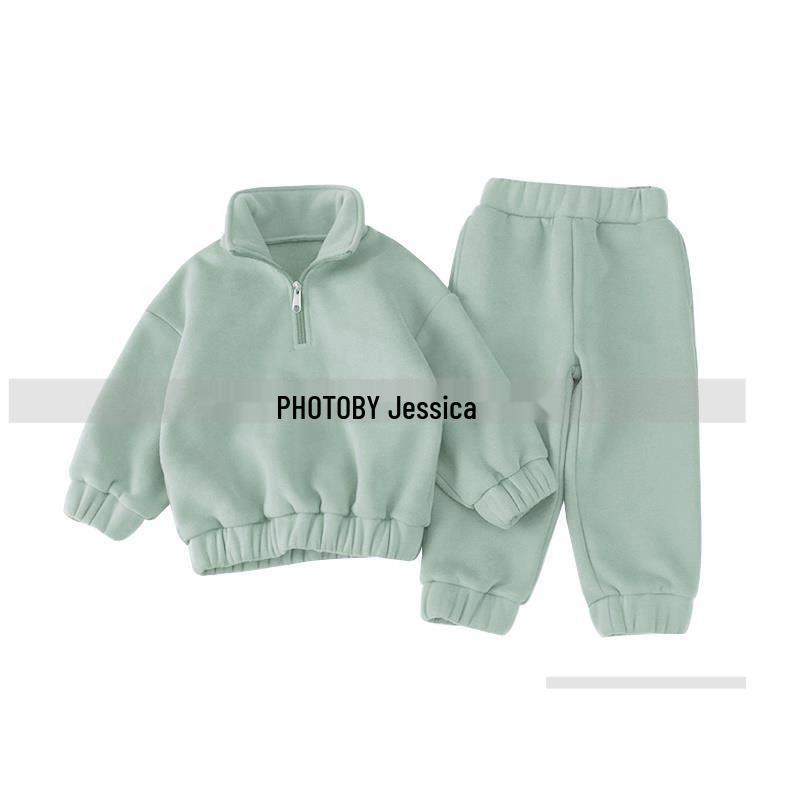 Korean Style Winter Fleece Set: High Neck Half-Zip Top & Joggers for Boys and Girls