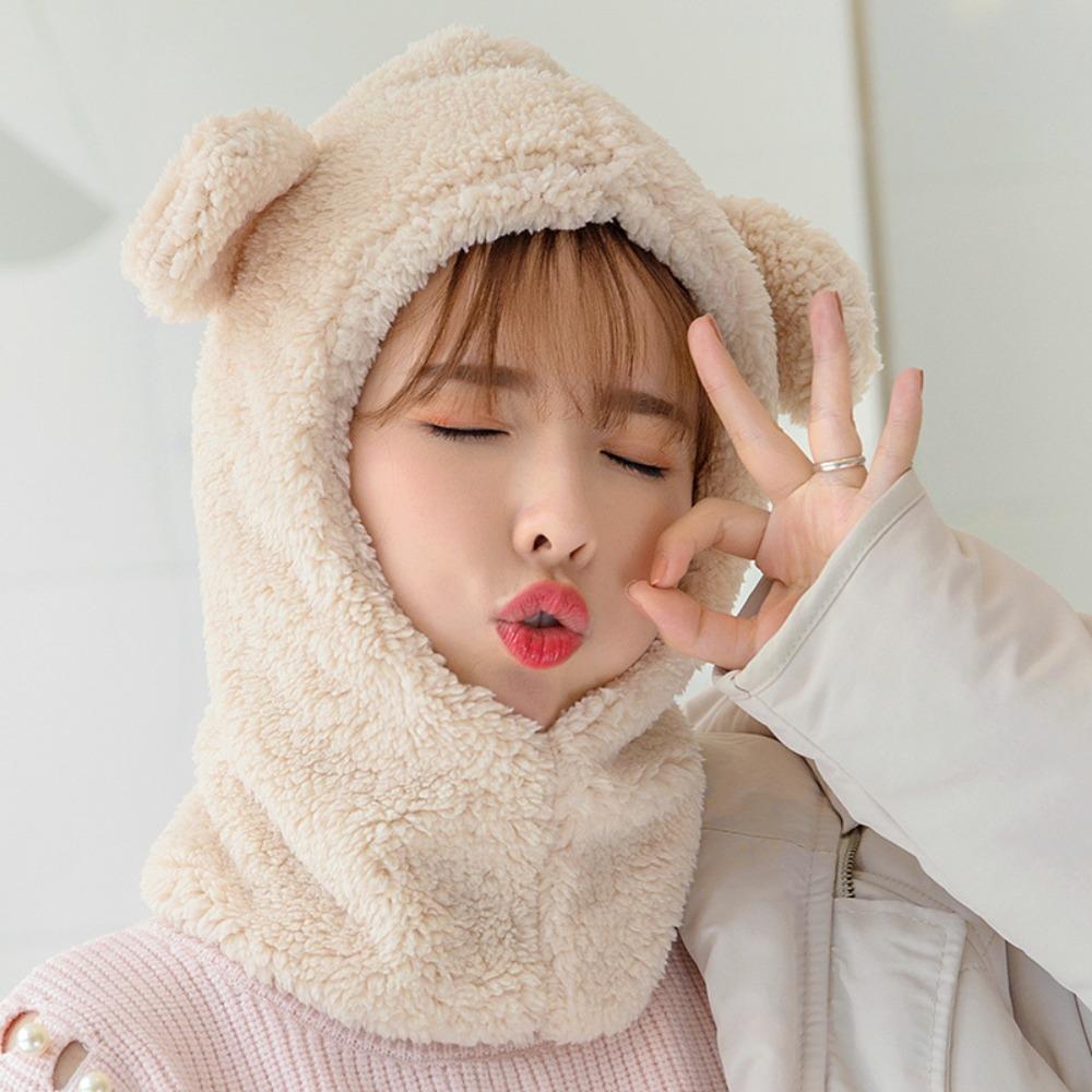 Windproof Bear Ear Hat Scarf Cute Plush Hat Scarf Fashion Winter Warm Hedging Cap Women