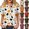 Womens Casual Halloween Print V Neck Short Sleeve Button Detail Three Quarter Sleeve T Shirt Top