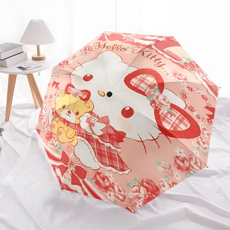 

1pc Hello Kitty Plaid Bow Outdoor Umbrella - Automatic Open/Closed, Portable Tri-Fold Design, 8-Rib Iron Frame, Festival Gift for Fans, Travelers, Dai