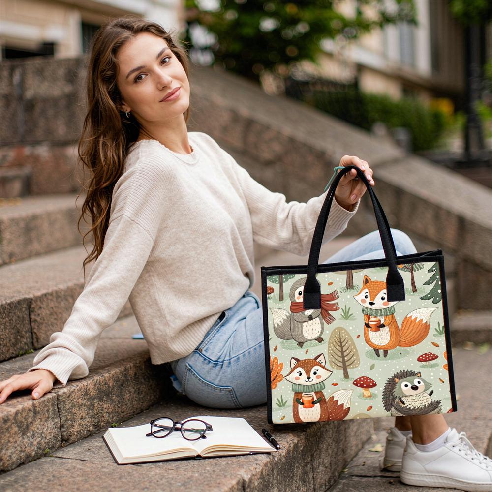 Cute Forest Animal Print Tote Bag Casual Portable Daily Handbag for Shopping Outdoor Travel