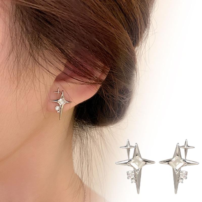 Metal Crossed Star Crystal Zircon Earrings for Women Girls Novel Geometric Four-Pointed Star Stud Earrings Party Jewelry
