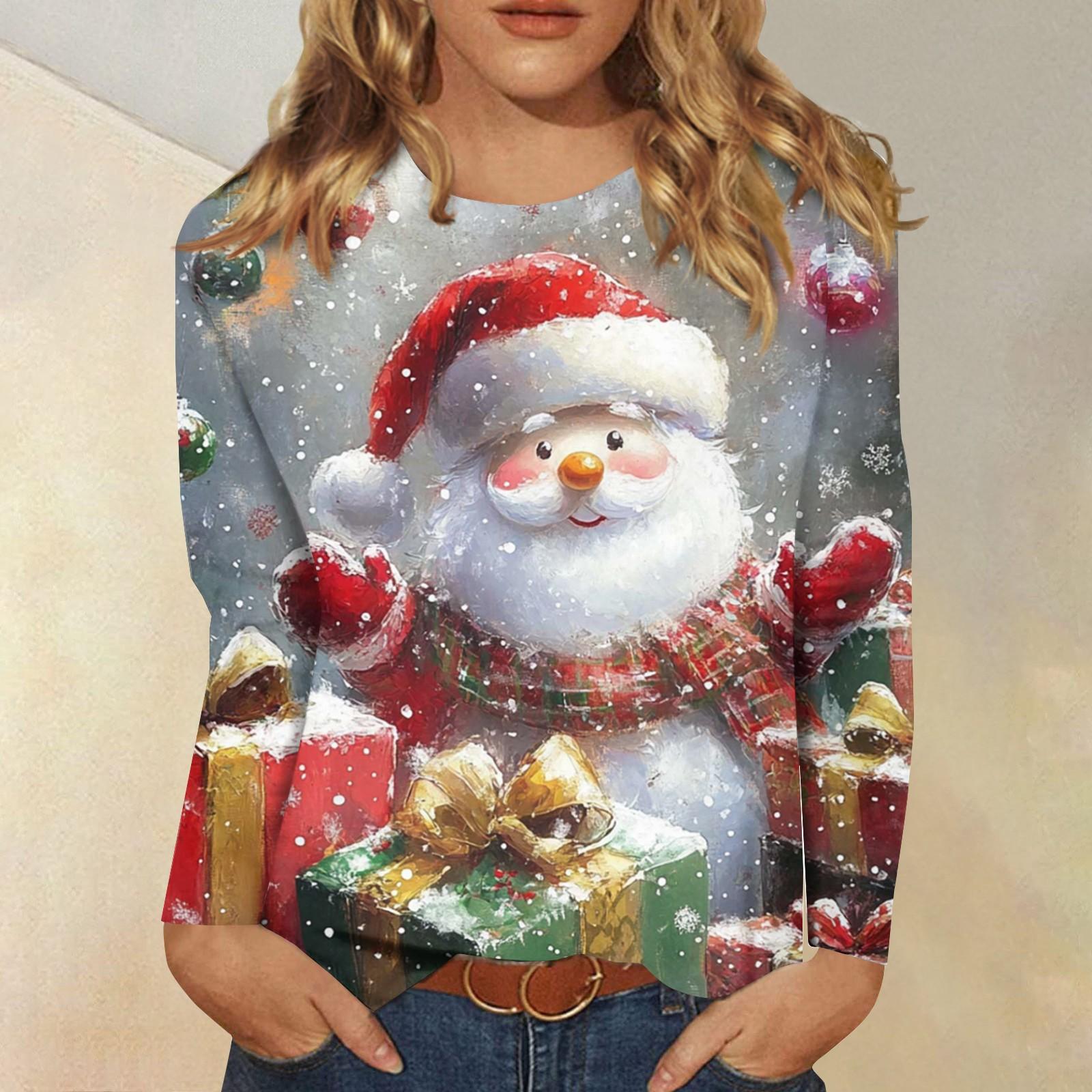 

Женская модная повседневная футболка с длинным рукавом и рождественским принтом, с круглым вырезом XXXXL бежевый