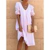 Women's V Neck Three Quarter Sleeve Loose Linen Midi Dress Casual Summer Tunic Dress