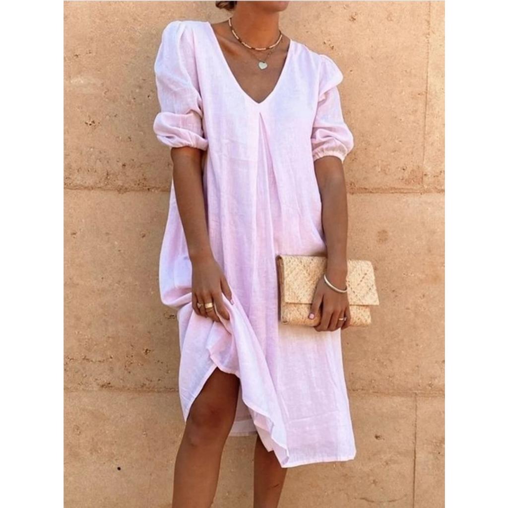 Women's V Neck Three Quarter Sleeve Loose Linen Midi Dress Casual Summer Tunic Dress