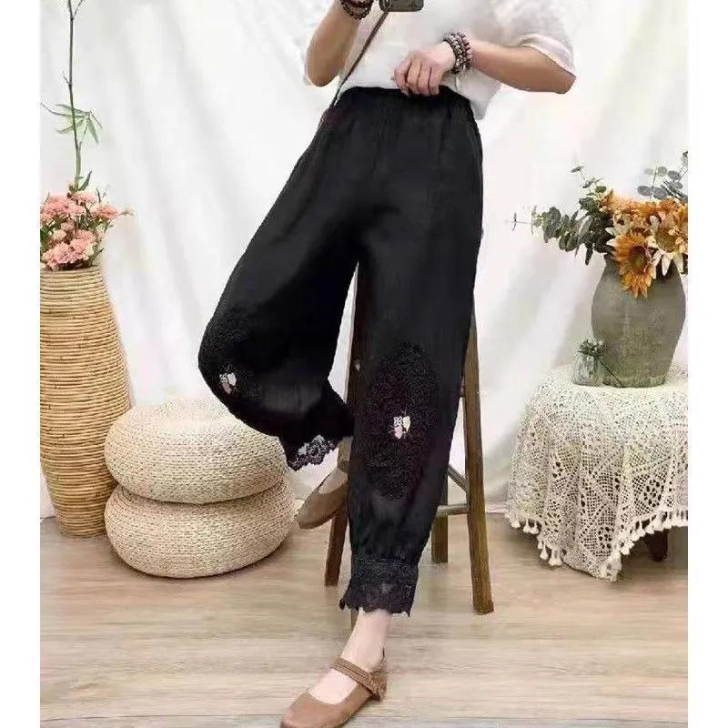 Retro Cotton and Linen Pants Women's 2025 Summer New Nine-point Loose Embroidered Lace Harlan Pants Radish Bloomers