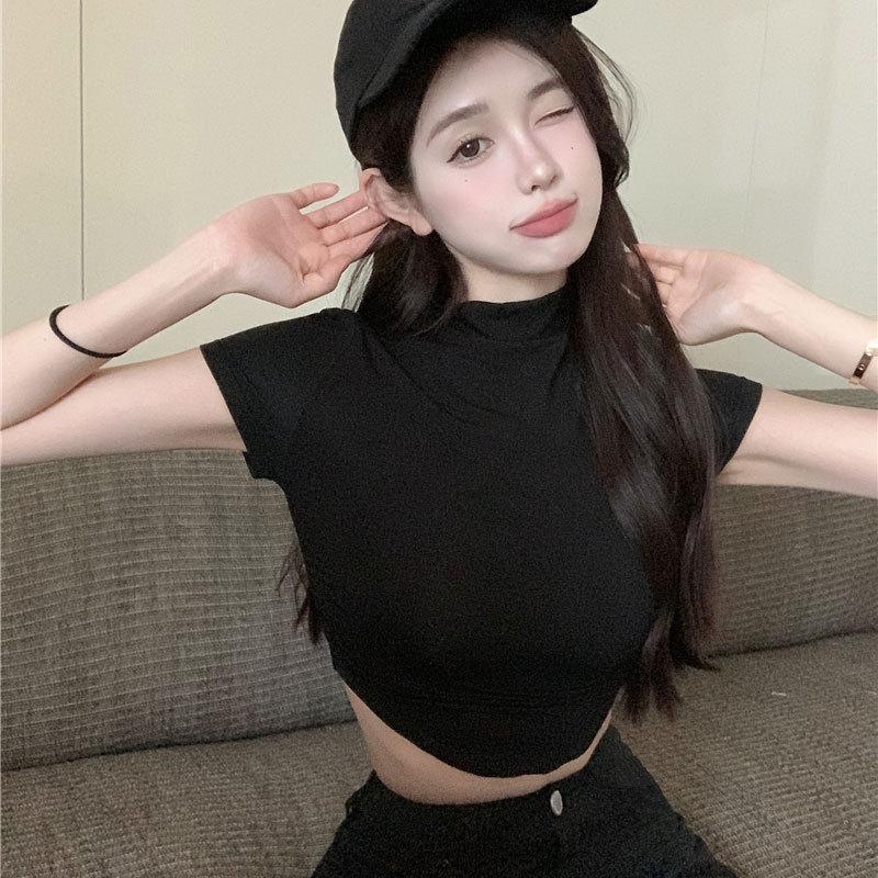 Summer Short Shoulder Skinny Short Sleeve T-Shirt Women's Pure Desire Atmosphere High Waist Navel Spicy Tights