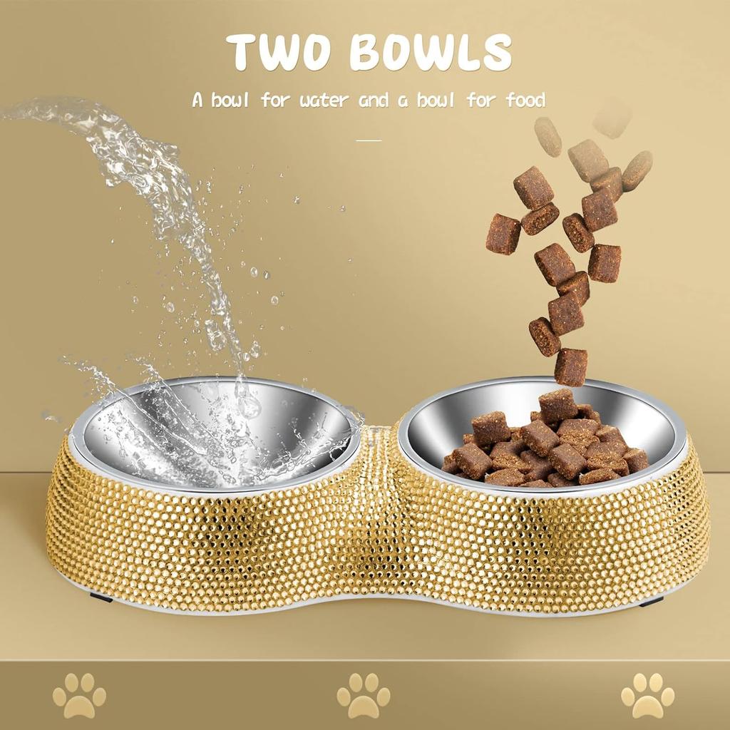 eing Dog Bowls Double Dog Water and Food Bowls Stainless Steel Bowls with Non-Slip Resin Station and Bling Rhinestones, Pet Feeder Bowls for Puppy