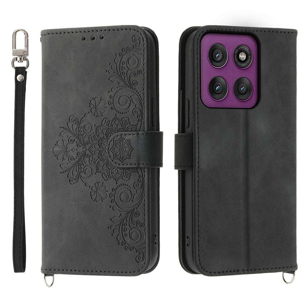 For Motorola Edge 60 Pro 5G Case Flower Pattern PU Leather Wallet Phone Cover with Strap
