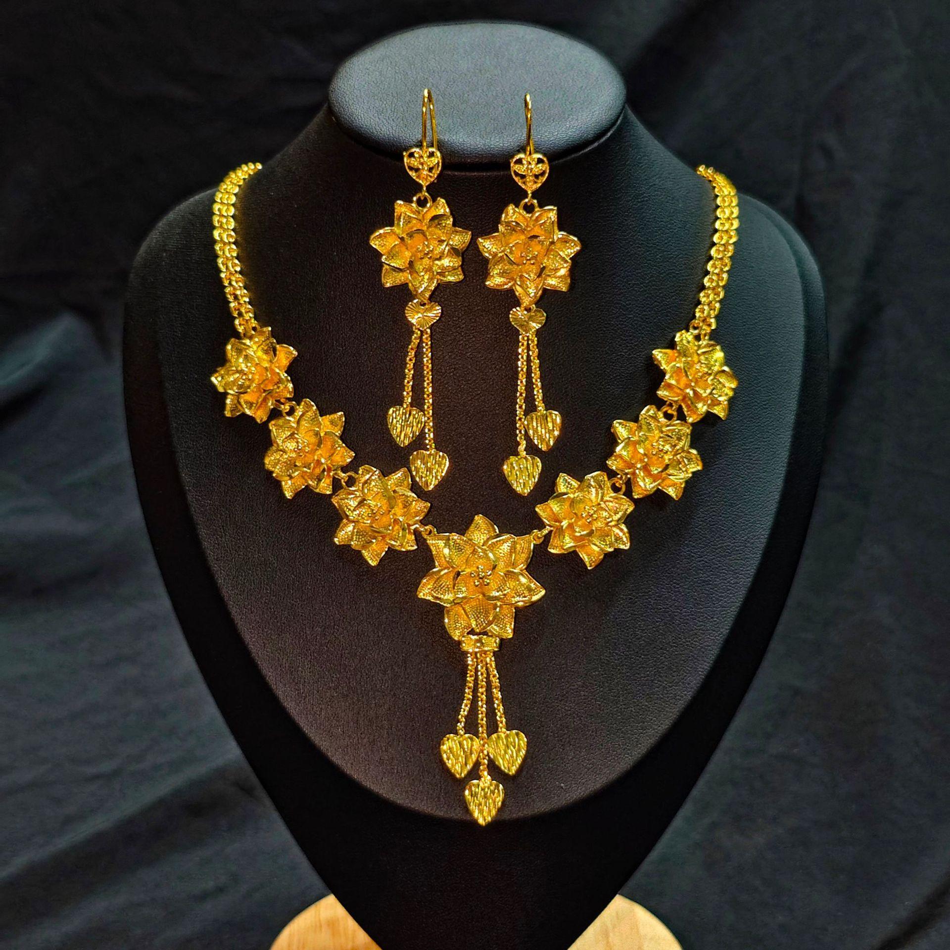 Luxury 24K 9999 Pure Gold Real Gold Dubai Middle East Flower Women s Necklace Set Lotus Necklace золотой