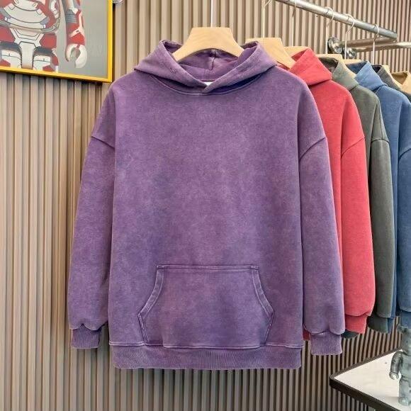 American Retro 400g Pure Cotton Washed Hoodie - Solid Color, Loose Fit, Unisex Sweatshirt