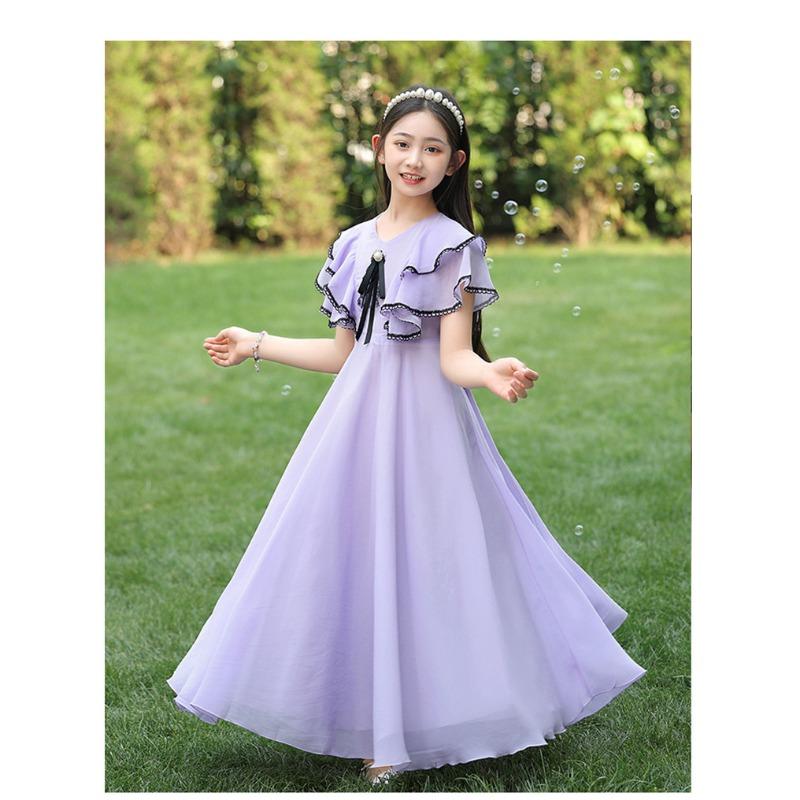Girls Beach Summer Princess Dress Short Sleeve Solid Color