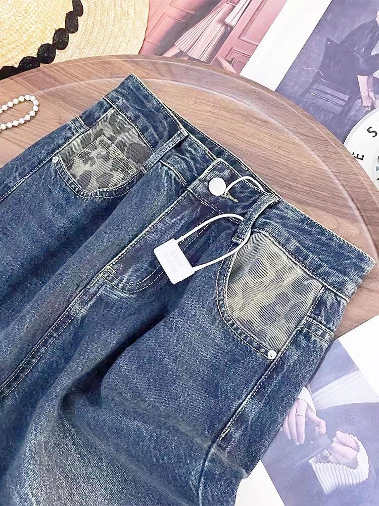 Design Sense Retro Stitching Leopard Print Rolled Jeans Women's Mop Pants Autumn and Winter New Loose Wide-leg Pants Ins