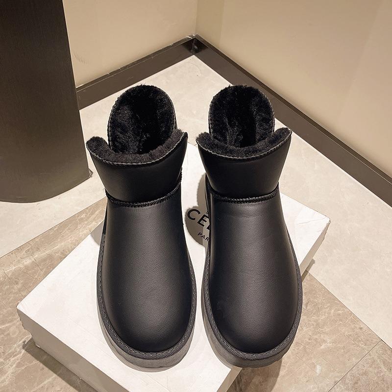 Large Size Winter New Women's Thick-soled Snow Boots Short Tube Piled and Thickened Waterproof Leather Thermal Cotton Boots
