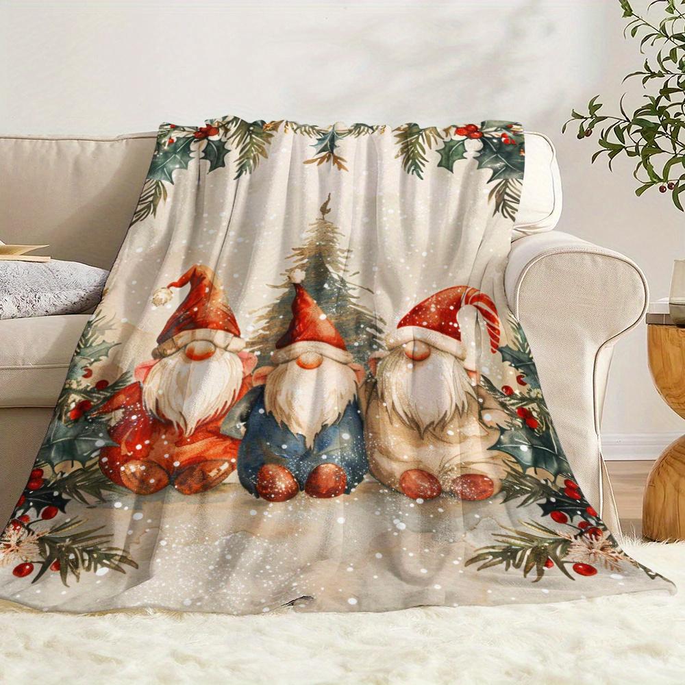 Christmas Gnome Dwarf Watercolor Print Flannel Blanket Winter Holly Soft Warm Throw Blanket Sofa Bed Xmas Home Decor Gift