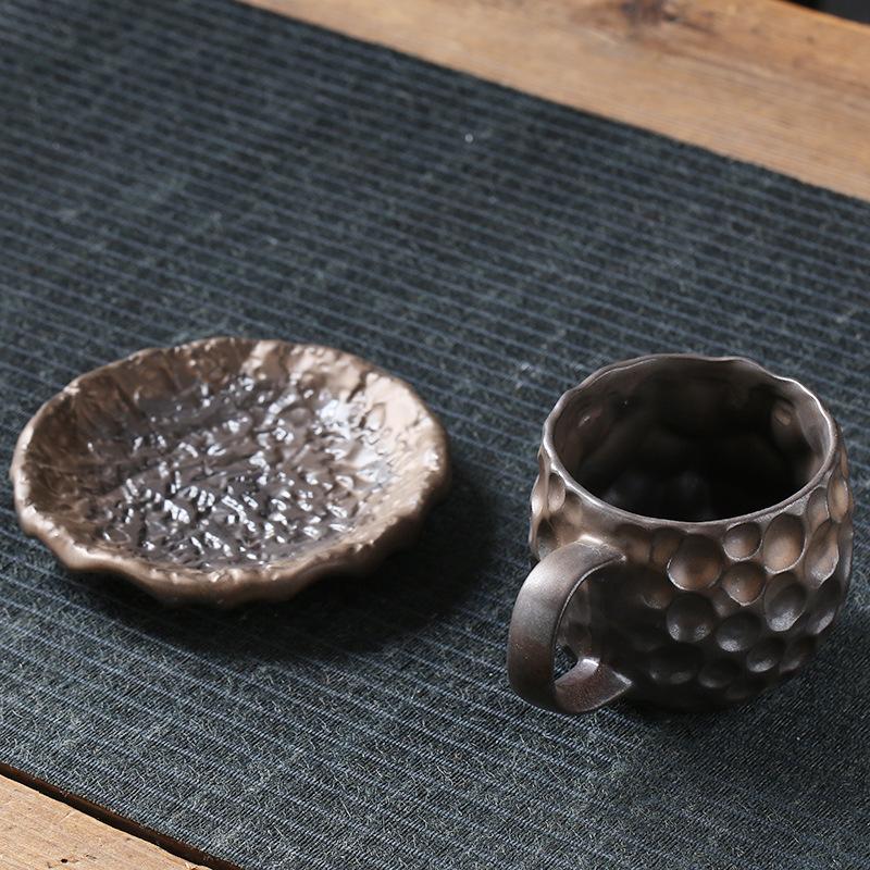 Vintage 270ML Keramik-Kaffeetasse mit Untertasse Hammerschlagmuster Steingut Espressotasse mit Henkel Japanischer Stil